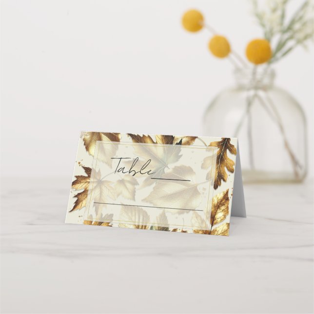 Gold Leaves Almond Beige Fall Wedding Placement Place Card (Front)