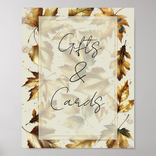 Gold Leaves Almond Beige Gifts & Cards Table Sign (Front)
