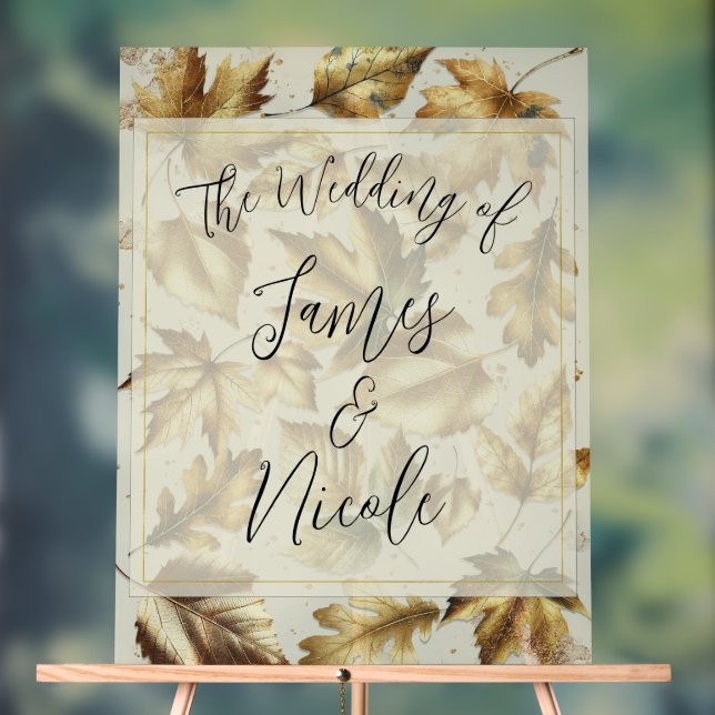 Gold Leaves Almond Beige Glam Fall Wedding Acrylic Sign (Neutral)