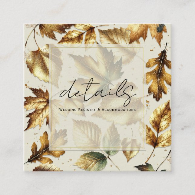 Gold Leaves Almond Beige Glam Fall Wedding Details Square Business Card (Front)