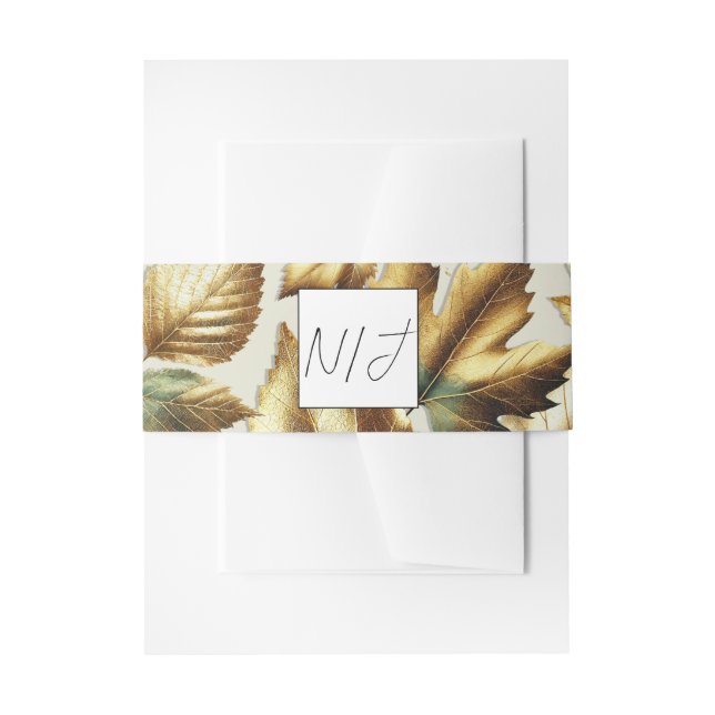 Gold Leaves Almond Beige Glam Fall Wedding Invitation Belly Band (Front Example)