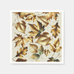 Gold Leaves Almond Beige Glam Fall Wedding Napkin