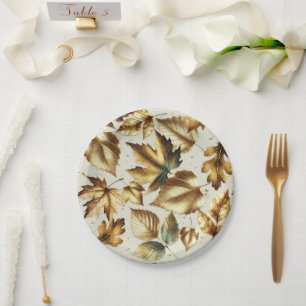 Gold Leaves Almond Beige Glam Fall Wedding Paper Plate