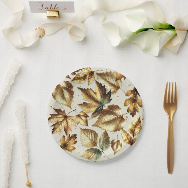 Gold Leaves Almond Beige Glam Fall Wedding Paper Plate (Wedding)