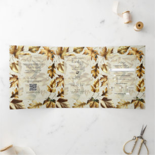 Gold Leaves Almond Beige Glam Fall Wedding Tri-Fold Invitation