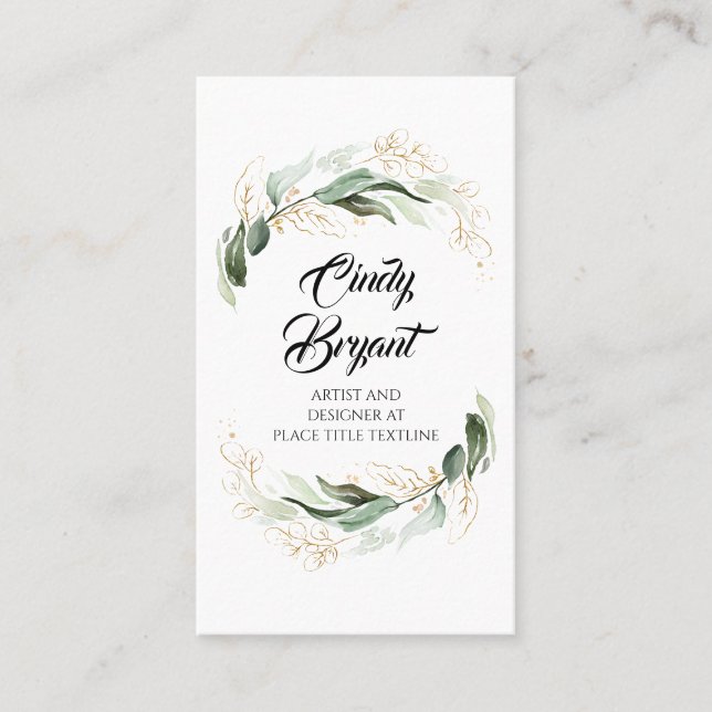 Gold Leaves and Eucalyptus Greenery Elegant Modern Business Card (Front)