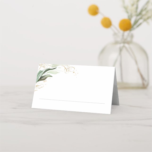 Gold Leaves and Eucalyptus Greenery Wedding Place Card (Front)