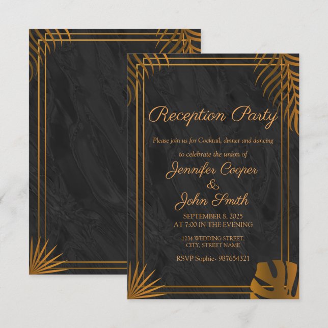 Gold Leaves and Geometric Frame Modern Reception Invitation (Front/Back)