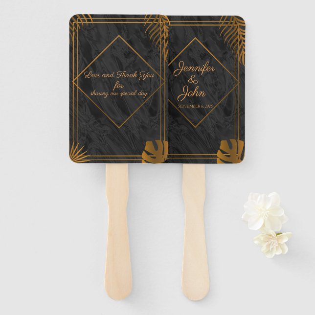Gold Leaves and Geometric Frame Tropical Wedding Hand Fan (Front and Back)