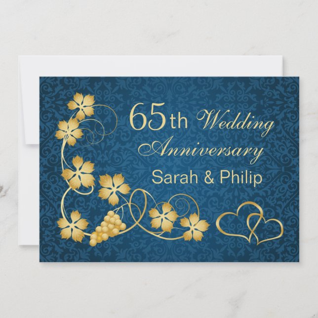 Gold leaves and joined hearts 65th Anniversary Invitation (Front)