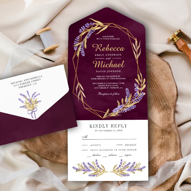 Gold Leaves and Lavender Floral Dark Plum Wedding All In One Invitation (Creator Uploaded)