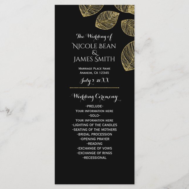 Gold Leaves Black Autumn Wedding Program Programme (Front)