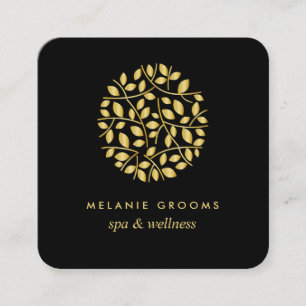 Gold leaves  Black   wellness spa massage yoga Square Business Card