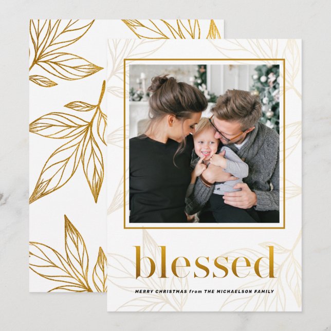Gold Leaves Blessed with Framed Photo Holiday Invitation (Front/Back)