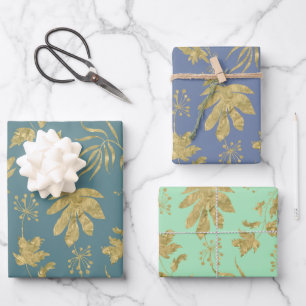 Gold Leaves Blue Green Spring Bridal Shower Wrapping Paper Sheet