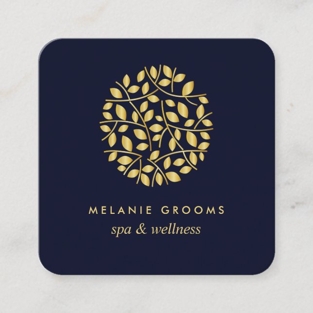 Gold leaves| Blue | wellness spa massage yoga Square Business Card (Front)