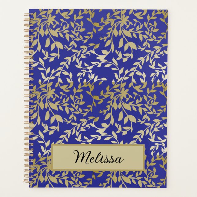 Gold Leaves Botanical Floral Deep Blue Script  Planner (Front)
