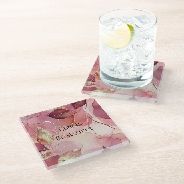 Gold Leaves Burgundy Blush Pink  Glass Coaster (Angled)
