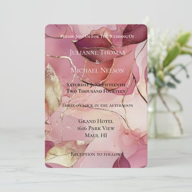 Gold Leaves Burgundy Blush Pink Romantic Wedding Invitation (Standing Front)