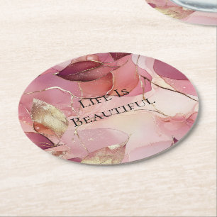 Gold Leaves Burgundy Blush Pink  Round Paper Coaster