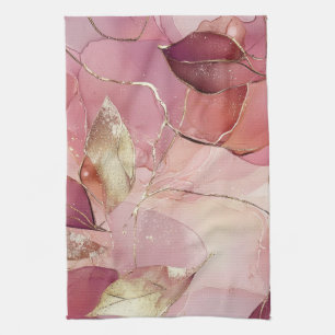 Gold Leaves Burgundy Blush Pink  Tea Towel
