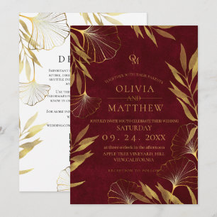 Gold Leaves / Burgundy Wedding Invitation