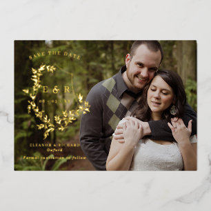 Gold Leaves Crest Monogram Photo Save The Date