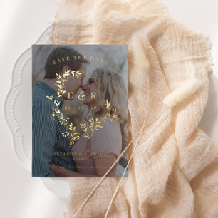 Gold Leaves Crest Monogram Photo Save The Date Foi
