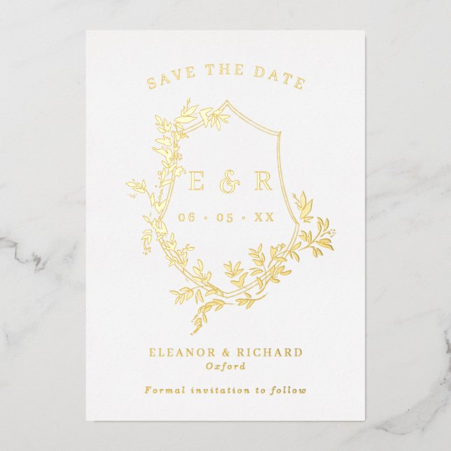 Gold Leaves Crest Monogram Save The Date (Front)