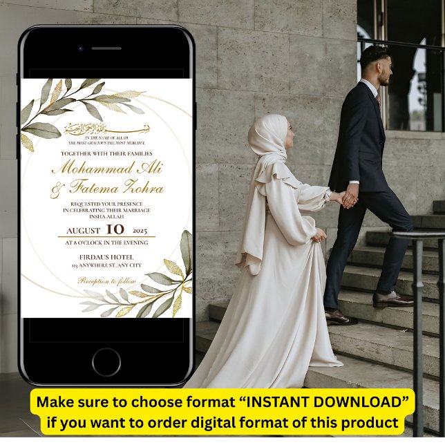 Gold Leaves Elegance Muslim Wedding Nikah Invitation (Creator Uploaded)
