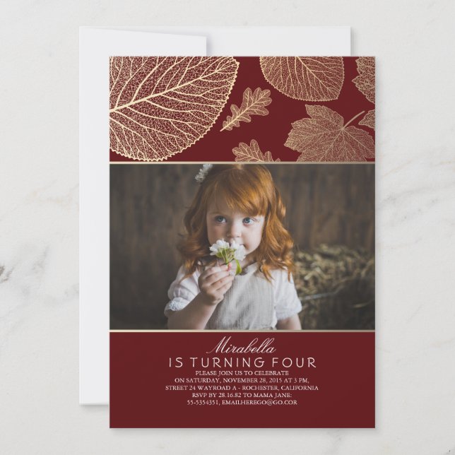 Gold Leaves Elegant Fall Photo Birthday Party Invitation (Front)