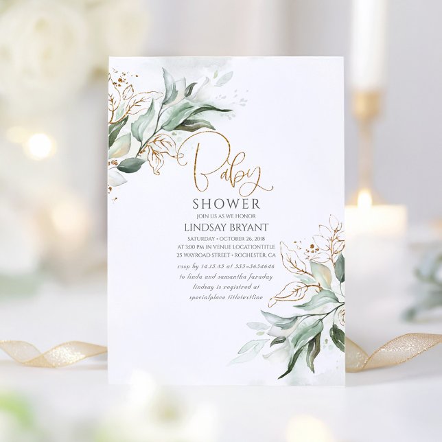 Gold Leaves Eucalyptus Greenery Cute Baby Shower Invitation (Elegant Greenery Baby Shower Invitation)