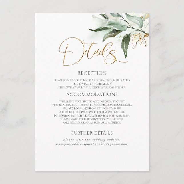 Gold Leaves & Eucalyptus Greenery Wedding Details Enclosure Card (Front)