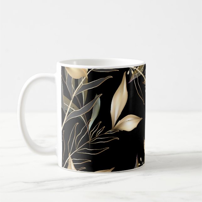 Gold Leaves: Exotic Botanical Seamless Coffee Mug (Left)