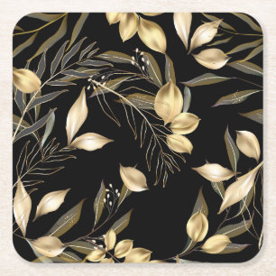 Gold Leaves: Exotic Botanical Seamless Square Paper Coaster