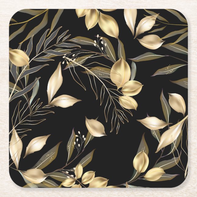 Gold Leaves: Exotic Botanical Seamless Square Paper Coaster (Front)