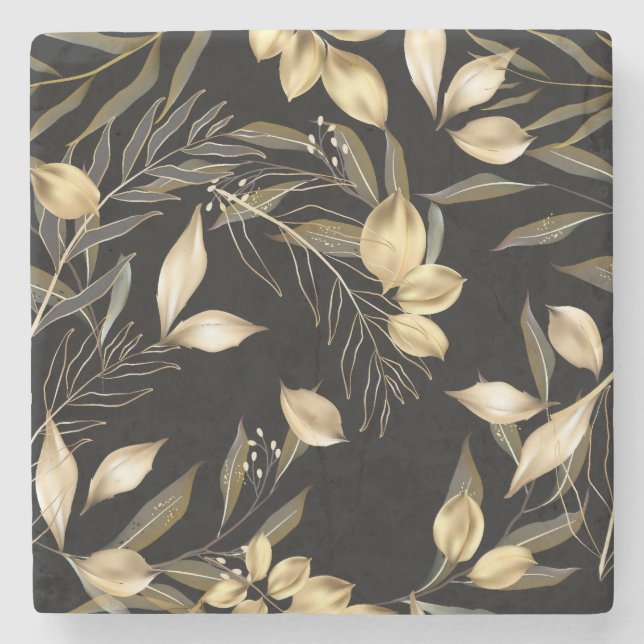 Gold Leaves: Exotic Botanical Seamless Stone Coaster (Front)
