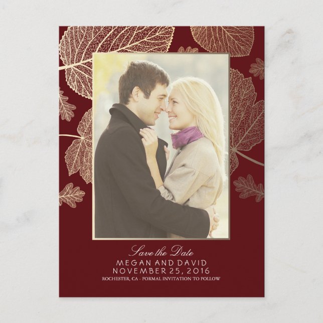 Gold Leaves Fall Burgundy Photo Save the Date Announcement Postcard (Front)