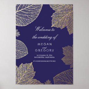 Gold Leaves Fall Wedding Navy Welcome Sign Poster