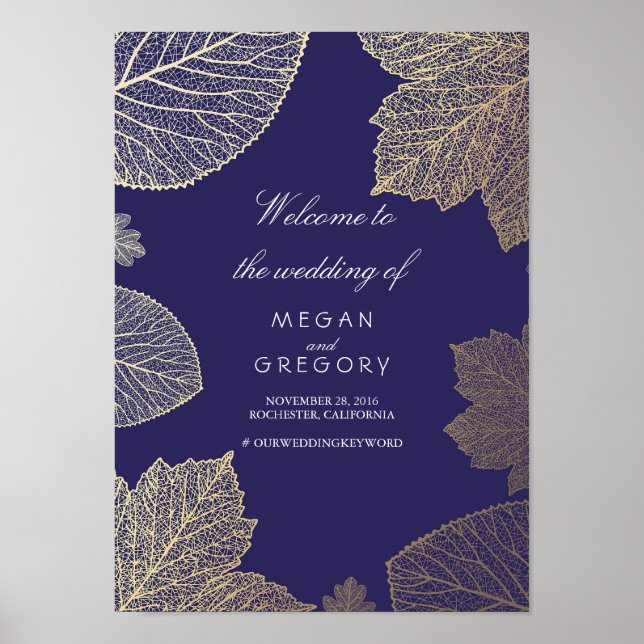 Gold Leaves Fall Wedding Navy Welcome Sign Poster (Front)