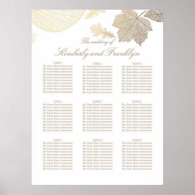 Gold Leaves Fall Wedding Seating Chart (Front)