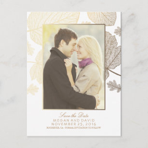Gold Leaves Fall White Photo Save the Date Announcement Postcard