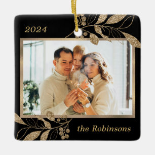 Gold Leaves Family Photo Black Christmas  Ceramic Ornament