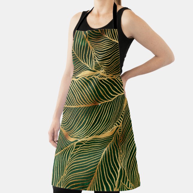 Gold Leaves Forest Green Elegant Pattern Apron (Insitu)