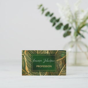 Gold Leaves Forest Green Elegant Pattern Business Card