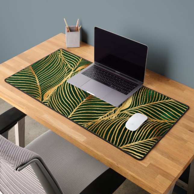 Gold Leaves Forest Green Elegant Pattern Desk Mat (Office 2)