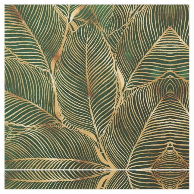 Gold Leaves Forest Green Elegant Pattern  Fabric (Close Up)