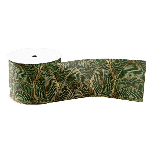 Gold Leaves Forest Green Elegant Pattern Grosgrain Ribbon (Spool)