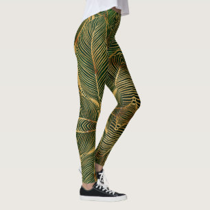 Gold Leaves Forest Green Elegant Pattern Leggings