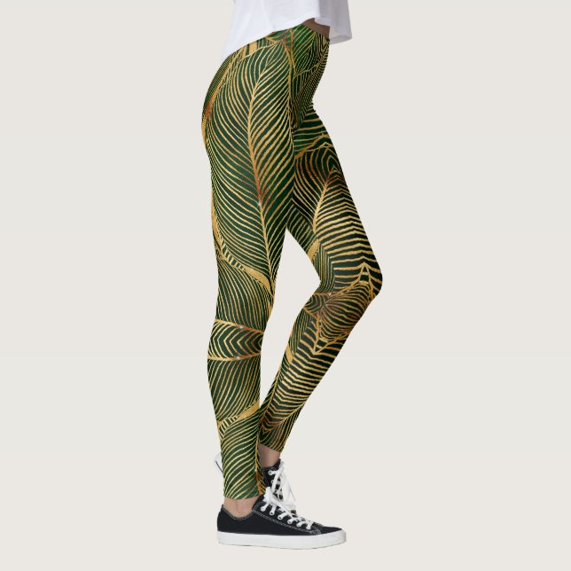 Gold Leaves Forest Green Elegant Pattern Leggings (Right)